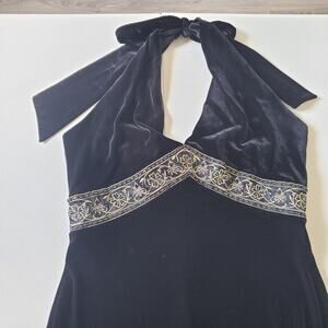 Y2K Whimsigoth Witch Dress Women 14 Velvet Halter Maxi Beaded Floral Formal Gown